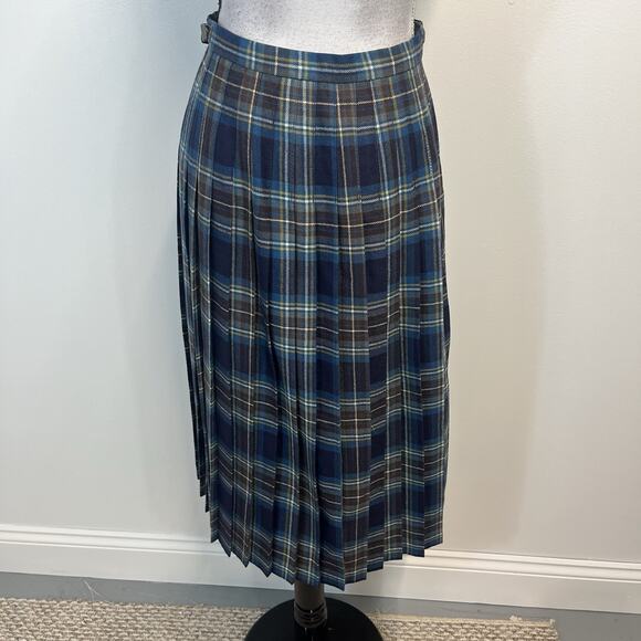 O'Neil of Dublin Wrap Skirt Women's Size 10 Blue Brown Plaid Wool Pleated Fringe - Picture 10 of 11